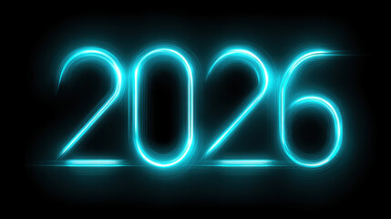 Glowing representation of year 2026, featuring bright blue neon light effects against dark background, creating futuristic and vibrant atmosphere