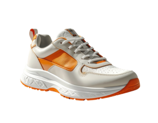A stylish, cream-colored athletic shoe with pops of bright orange accents stands out against a stark black background.
