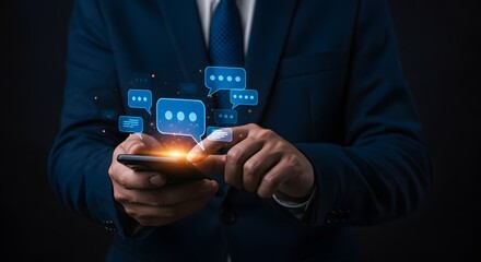 Businessman Using Smartphone with Digital Chat Bubbles and Notifications