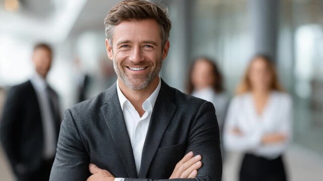 Confident Leadership: A striking shot of a leader, confidently beaming with folded arms, with his team in the soft background. conveying the image of strong and confident leadership.