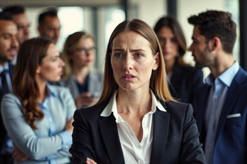 Capturing the Tension and Drama of Office Politics: Stressed Female Colleague Surrounded by Gossipy Businesspeople in a Busy Office