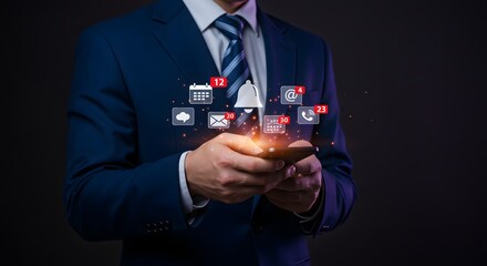 Businessman using smartphone with notification icons, digital communication concept