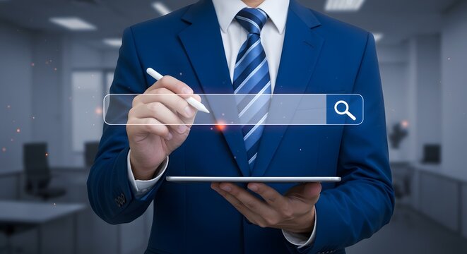 Businessman Using Tablet and Stylus to Search Online with Virtual Search Bar and Magnifying Glass Icon