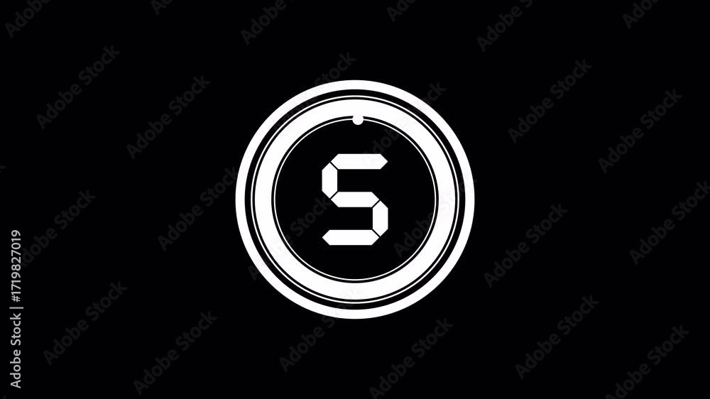 Aufkleber 5 second countdown timer animation with numbers from 5 to 1 and circular motion on a black backgroun