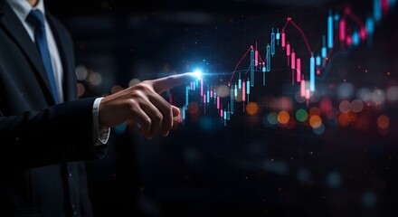 Businessman's hand pointing at a futuristic stock market graph with glowing data and bokeh background