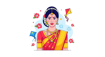Illustration of a woman in a traditional Indian saree, adorned with jewelry and flowers, celebrating a festival, vibrant colors, and festive mood