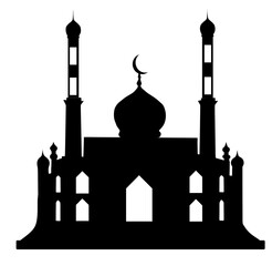 Elegant black silhouette icon of a traditional mosque, featuring iconic minarets and a central dome, representing Islamic faith, culture, and spiritual worship, perfect for diverse design applications