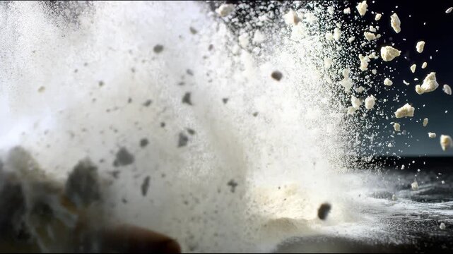 A wooden rolling pin presses dough, sending flour clouds flying into the air