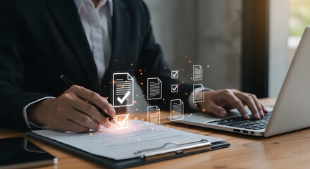Businessperson signing document with digital checklist icons and laptop