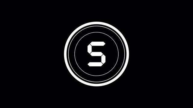 5 to 0 countdown timer animation on black background. Real-time 5 second countdown perfect for events, product launches, game shows, or live broadcast