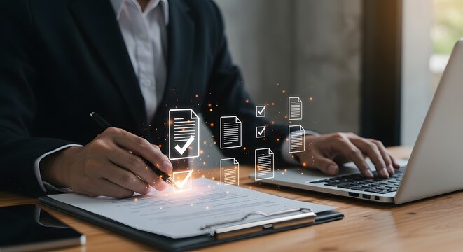 Businessperson signing document with digital checklist icons and laptop