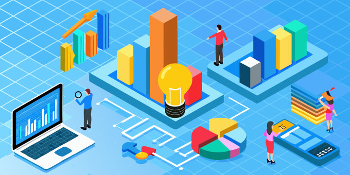Isometric illustration of business analytics and data visualization with charts graphs and people