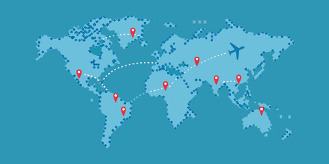 Fototapeta premium World map with airplane and travel routes connecting various global destinations with red pins