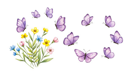 A charming watercolor depiction of vibrant spring blossoms and graceful purple butterflies, creating a serene and beautiful natural scene
