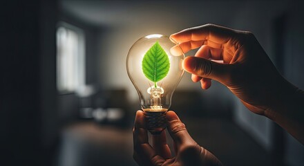 A hand holding a light bulb with a green leaf inside, emitting a warm glow.