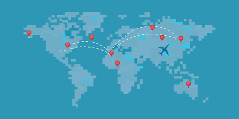 Obraz premium World map with airplane flying between pin locations showing travel routes and destinations