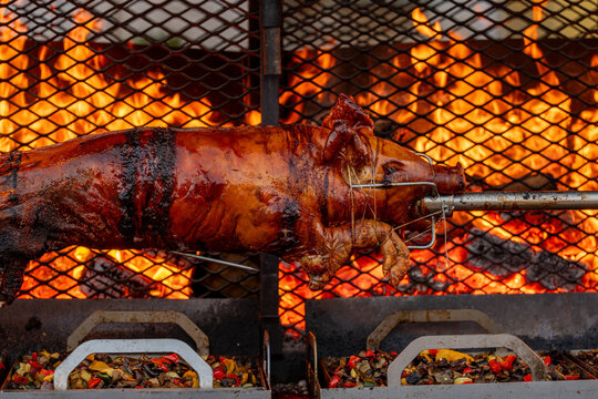 Vue d&rsquo;un cochon entier cuit &agrave; la broche lors d&rsquo;une pr&eacute;paration traditio