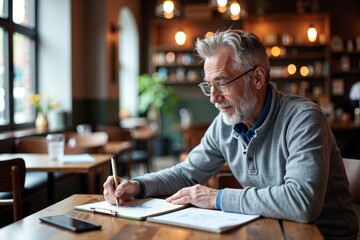 Man Planning his Future in a Cozy Coffee Shop, Sketching Out Ideas and Enjoying Social Security Benefits
