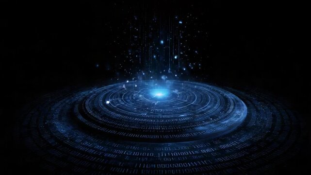 Luminous blue light projecting a stream of digital binary code from a futuristic circular platform, symbolizing data transfer, artificial intelligence, and cutting edge technology