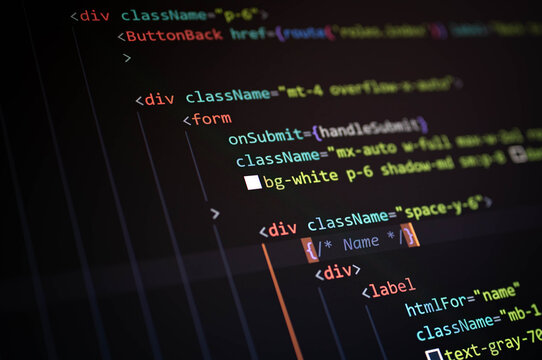 Close-up of code showing form structure using JSX, class names, label elements, ideal for frontend UI design, form handling, and modern web app development.