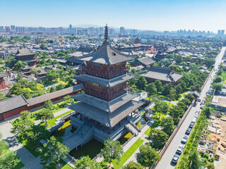 Aerial photography of Huayan Temple in Datong, Shanxi, China on a sunny summer day with fiery clouds