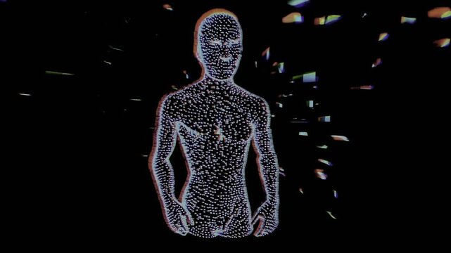 Dynamic abstract shapes coalesce into a human form against a black background