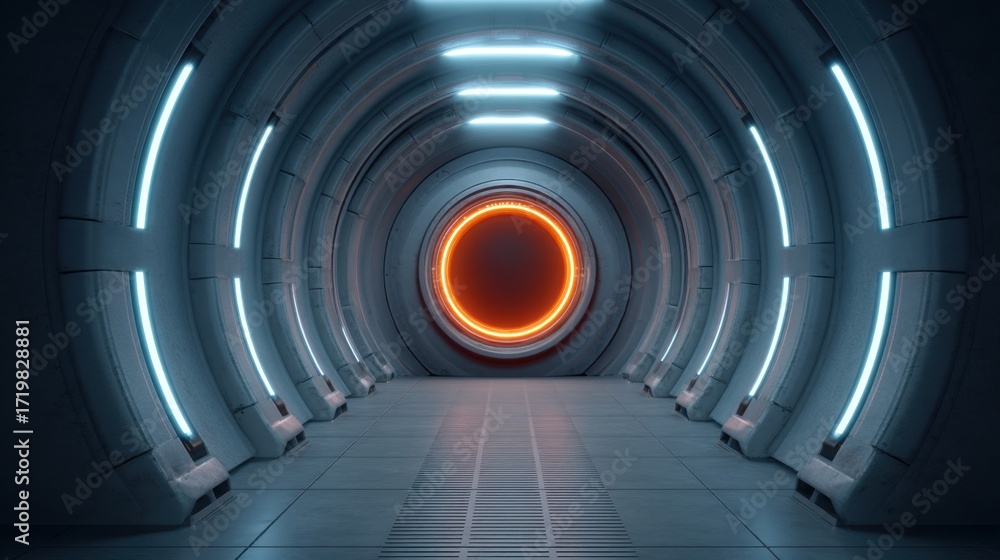 Poster futuristic sci-fi tunnel featuring glowing lights and a circular portal, showcasing sleek design and