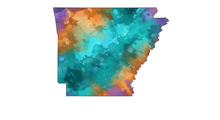 Abstract watercolor map of Arkansas in vibrant shades of teal, orange, and purple, isolated on a clean white background.