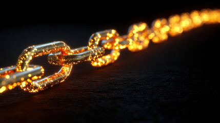 Glowing golden chain stretches across dark surface, illuminated by sparkling lights that create captivating visual effect. intricate links reflect light beautifully, enhancing sense of depth