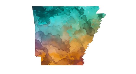 Abstract watercolor map of Arkansas in vibrant shades of teal, orange, and purple, isolated on a clean white background.