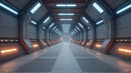 Obraz premium Futuristic Sci-Fi Corridor with Neon Lights and Metallic Walls, Depicting a Long Space Station Tunnel or Science Fiction Setting