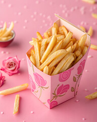 Golden French fries in a pink, rose patterned carton on a vibrant pink background, scattered salt, roses, and loose fries, beautiful image for food and meal store.