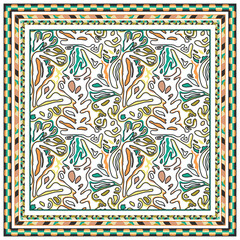 A vibrant square shape scarf,  abstract pattern featuring fluid shapes in green, orange, and tan, bordered by colorful geometric frames.