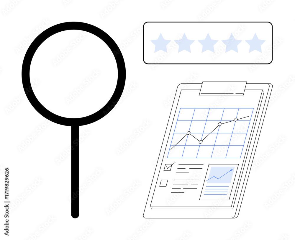 Poster magnifying glass highlighting focus, clipboard with data charts and checklists, and five-star rating