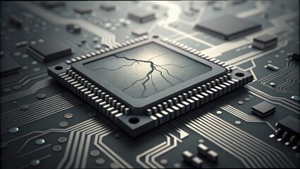 Fototapeta premium Broken Microchip on Circuit Board with Visible Damage and Patterns