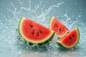 Juicy watermelon slices splashing in water. Fresh red fruit with black seeds in refreshing dynamic studio shot, isolated background. Perfect for summer drinks, health and advertising.