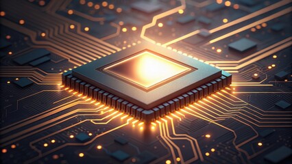 Fototapeta premium Glowing Circuit Board with Chip Illuminating Technology Design