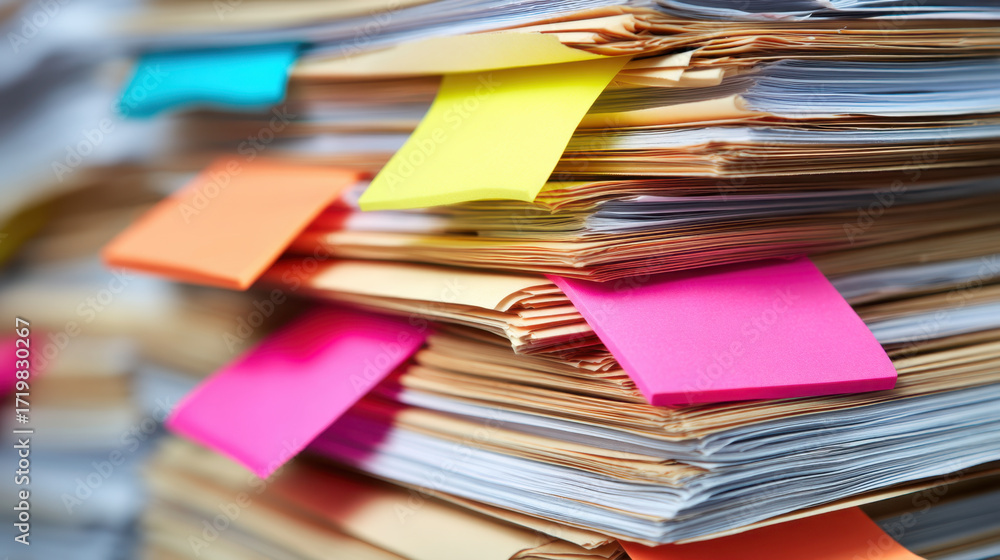 Poster organized stack of documents with colorful sticky notes, representing busy office environment. vibra