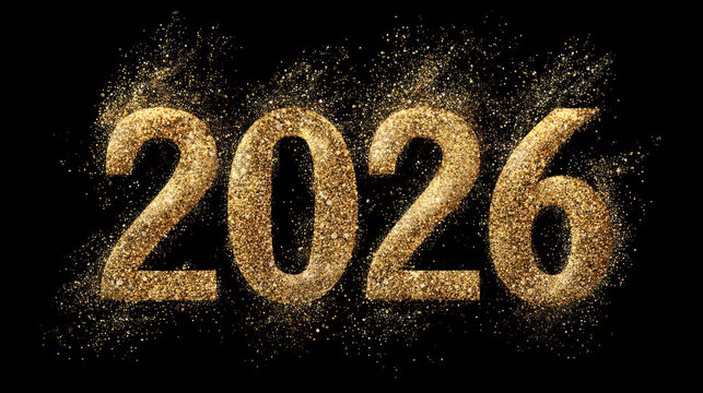 2026 in sparkling gold glitter creates festive and celebratory atmosphere, perfect for New Year celebrations or milestone events. shimmering effect adds touch of elegance and excitement