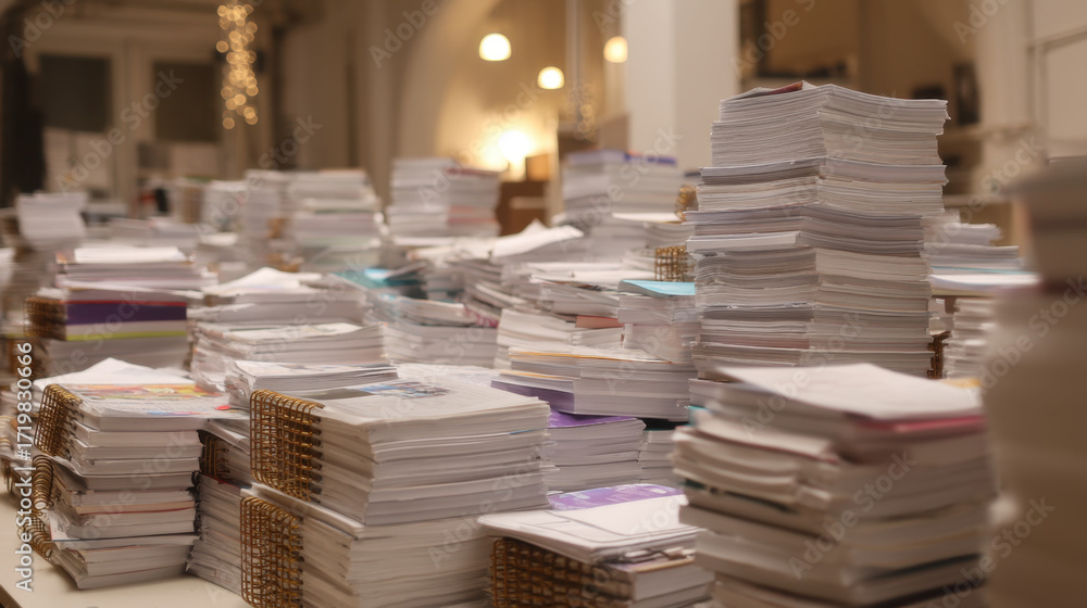 Poster stacks of organized papers and documents create busy office atmosphere, showcasing importance of pap