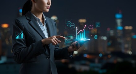 Businesswoman using smartphone with financial data visualization and city lights at night