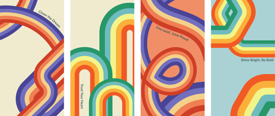  Retro 70s abstract posters with rainbow stripes and groovy curves. Vintage geometric vector set in hippie style. Colorful background for artwork, fashion print and wall decor.