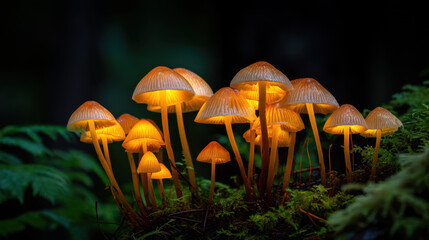 Fototapeta premium Glowing mushrooms illuminate dark forest, creating magical and enchanting atmosphere. Their vibrant orange caps stand out against lush green moss, showcasing nature beauty