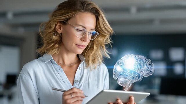 Woman's Brain: An intelligent woman examines a holographic representation of a brain, with glasses, a tablet, a stylus, and an indoor setting, evoking curiosity and innovation.