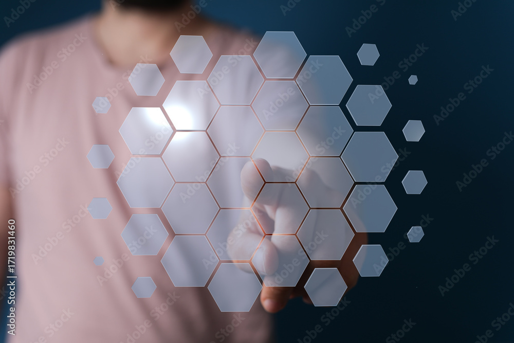 Aufkleber abstract image of a hand interacting with a digital hexagon network. concept of connection, technolo