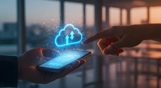 Cloud Computing Concept: Hands Interacting with Smartphone Displaying Cloud Icon and Data Transfer