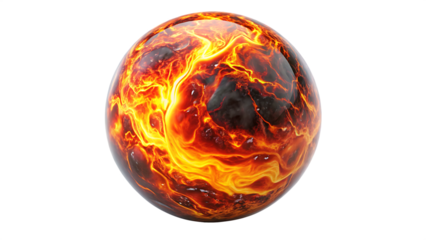 Molten lava sphere with fiery glowing patterns isolated on a transparent background
