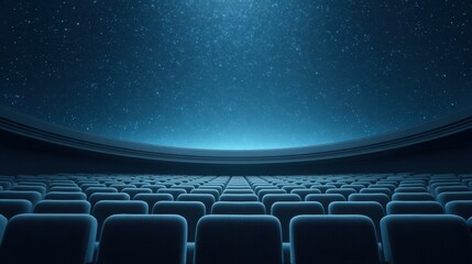 Empty cinema seating under a starry night sky with a dome ceiling, creating a captivating atmosphere for film lovers and stargazers alike