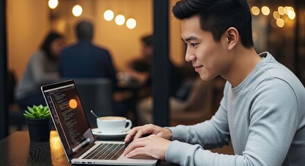 A young man working on a laptop in a cozy cafe with a potted plant and a cup of coffee.