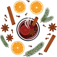Vector Flat Lay of German Glühwein with Spices